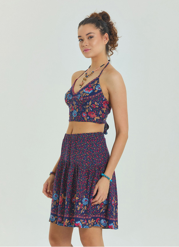 Halter Neck Open Back Pink Floral Crop Blouse 4615